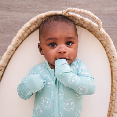 Smiley Mountain Lake Blue Bamboo Zippered Romper