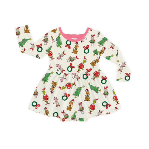 Christmas Green Face Pals and Tree Long Sleeve Twirl Dress With Bodysuit
