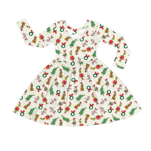 Christmas Green Face Pals and Tree Kids Bamboo Long Sleeves Dress