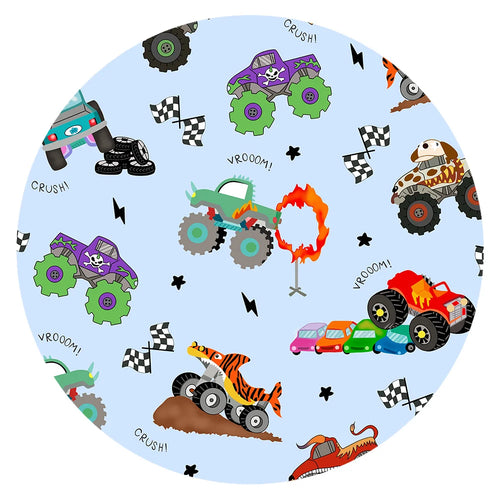 Big Wheels Truck Race Journey on Sky Blue Kids Bamboo Two-Piece Pajama Set