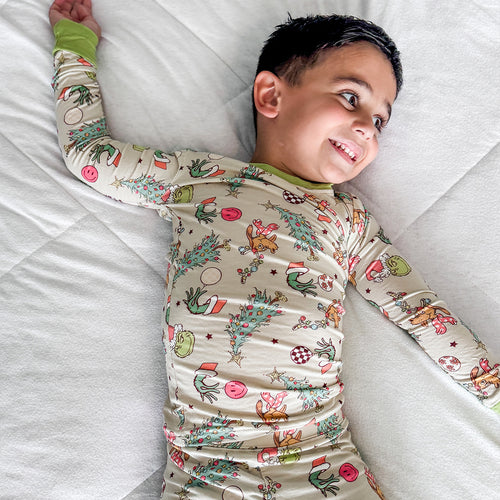 Christmas Sale Prasinous Color Cute Cartoon Figure & Deer Bamboo Kids Pajamas