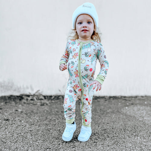 Christmas Green Guy Deer Baby Bamboo Zipper Romper