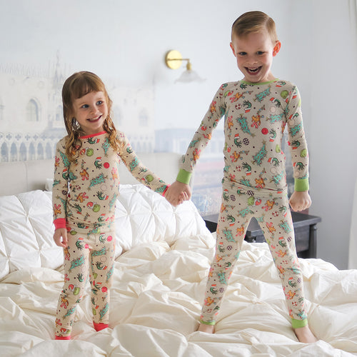 Christmas Sale Prasinous Color Cute Cartoon Figure & Deer Bamboo Kids Pajamas