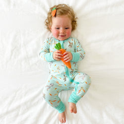 Easter Hoppy Bunny Carrot Parade Green Bamboo Zipper Romper Pajamas