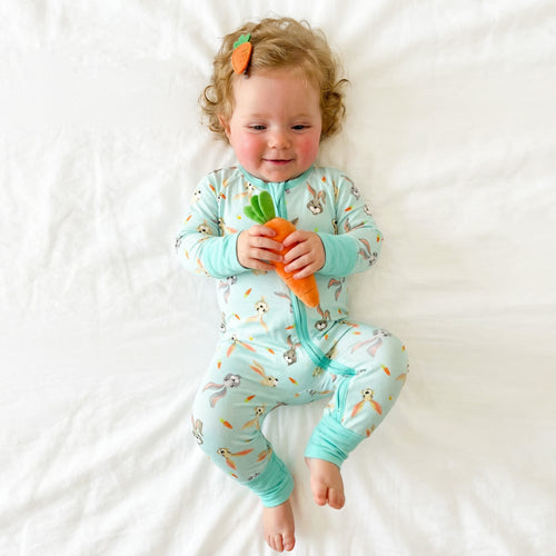 Easter Hoppy Bunny Carrot Parade Green Bamboo Zipper Romper Pajamas