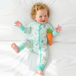 Easter Hoppy Bunny Carrot Parade Green Bamboo Zipper Romper Pajamas