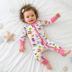 Seaside Surf Pup on Sunny Beach Pink Bamboo Zipper Romper Pajamas