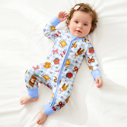 Sweet Bakery and Flower Bow in Blue Check Bamboo Zipper Romper Pajamas