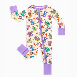 Valentine Dino Love Adventure and Hearts Bamboo Zipper Romper Pajamas