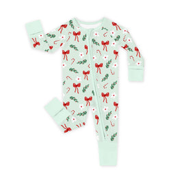 Christmas Bows and Candy Cane Garden Bamboo Zipper Romper Pajamas