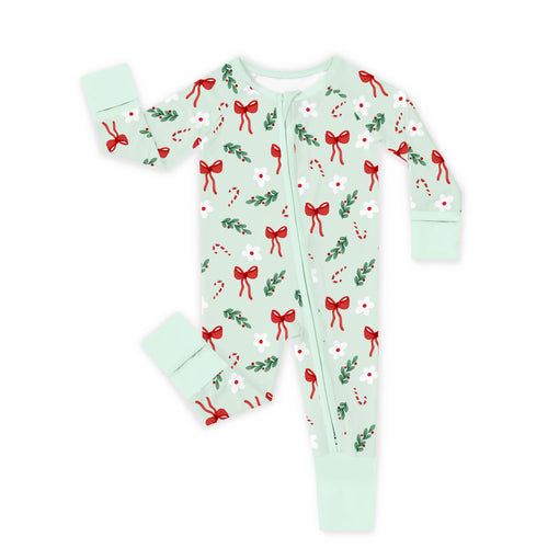 Christmas Bows and Candy Cane Garden Bamboo Zipper Romper Pajamas