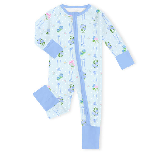 Blue Hydrangea Bows Bamboo Zipper Romper Pajamas