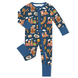 Christmas Gingerbread Train Navy Bamboo Zipper Romper Pajamas