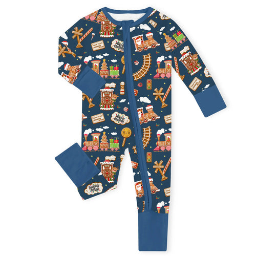 Christmas Gingerbread Train Navy Bamboo Zipper Romper Pajamas
