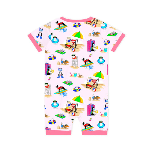 Seaside Surf Pup on Sunny Beach Pink Short Bamboo Zippy Baby Romper