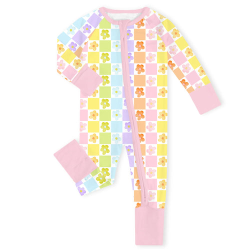 Groovy Daisy Checkerboard Bamboo Zipper Romper Pajamas