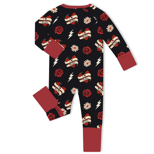 I Love Mama Vintage Tattoo Bamboo Zipper Romper Pajamas