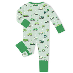 Green Recycling Trucks Bamboo Zipper Romper Pajamas