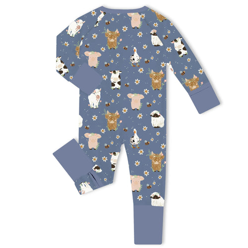 Dusty Blue Farmyard Friends Bamboo Zipper Romper Pajamas