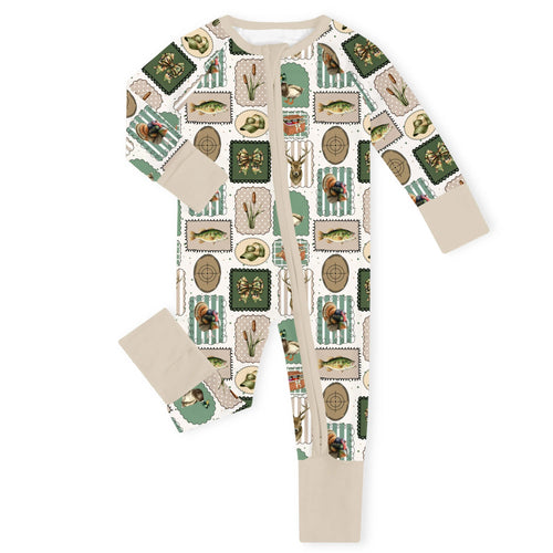 Vintage Sportsman Stamp Cream Bamboo Zipper Romper Pajamas