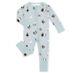 Pondside Duck Parade by the Water Aqua Blue Bamboo Zipper Romper Pajamas