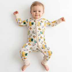 Little Bear Immersed In Learning Pattern Bamboo Zip Romper