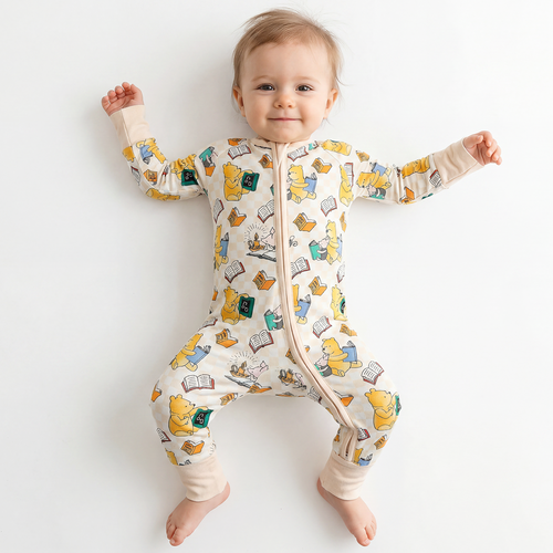 Little Bear Immersed In Learning Pattern Bamboo Zip Romper