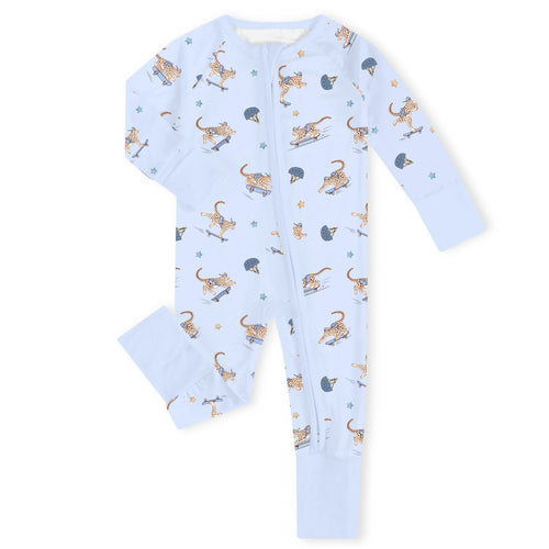 Skateboarding Leopard Blue Bamboo Zipper Romper Pajamas