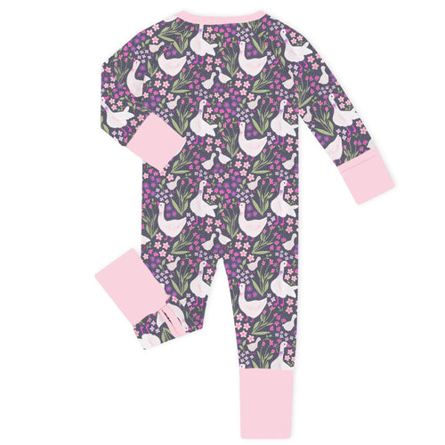 Wildflower Meadow Geese Pink Bamboo Zipper Romper Pajamas