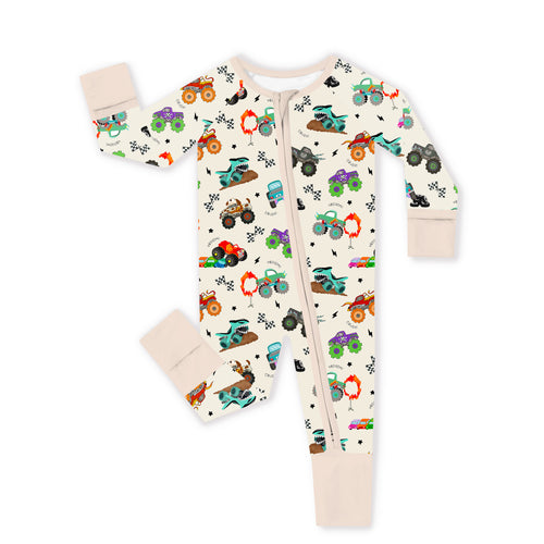 Big Wheels Truck Race Journey on Apricot Bamboo Zipper Romper Pajamas