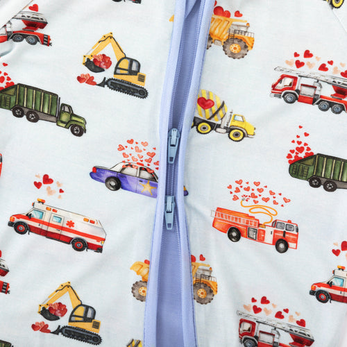 Valentine Hearts on Wheels Bamboo Zipper Romper Pajamas