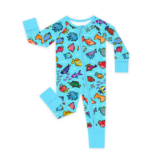 Blue Ocean Fish Frenzy Bamboo Zipper Romper Pajamas