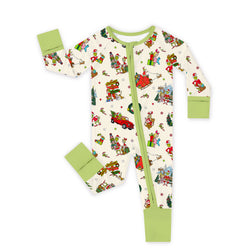 Christmas Green Face Sleigh Gift Ride and Candy Canes Bamboo Zipper Romper Pajamas