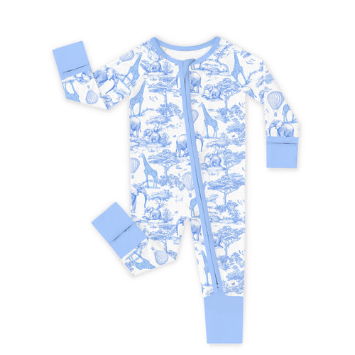 Safari Animal Jungle Sketch Blue Bamboo Zipper Romper Pajamas