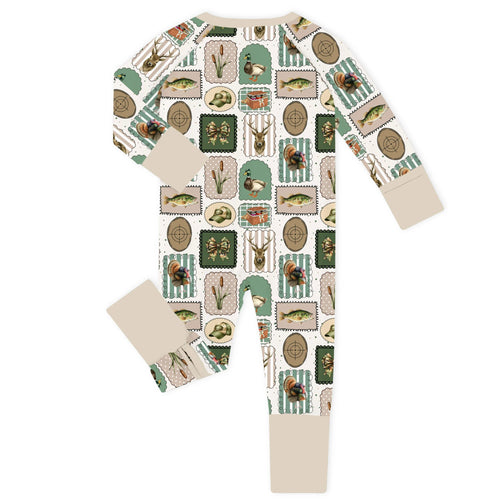 Vintage Sportsman Stamp Cream Bamboo Zipper Romper Pajamas