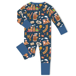Christmas Gingerbread Train Navy Bamboo Zipper Romper Pajamas