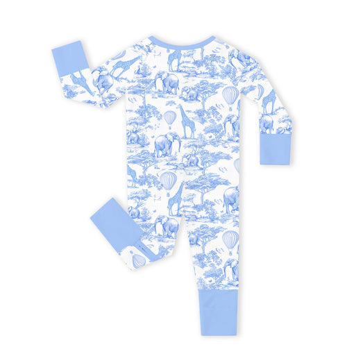 Safari Animal Jungle Sketch Blue Bamboo Zipper Romper Pajamas