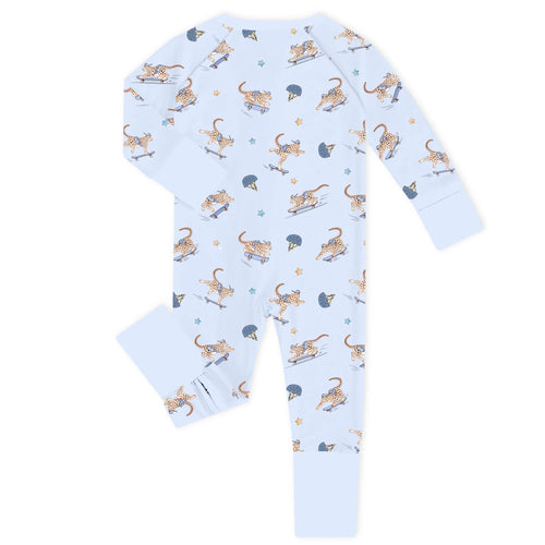 Skateboarding Leopard Blue Bamboo Zipper Romper Pajamas
