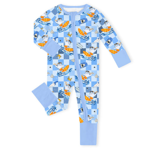 Surf's Up Sharks Blue Bamboo Zipper Romper Pajamas