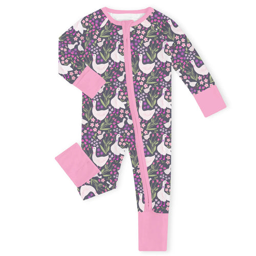 Wildflower Meadow Geese Deep Pink Bamboo Zipper Romper Pajamas