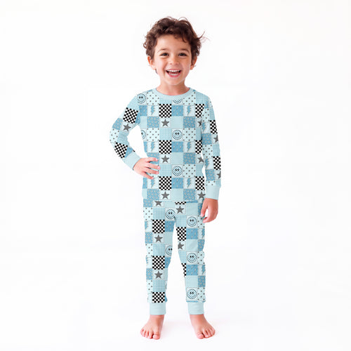 Electric Smiley Check Kids Bamboo Two-Piece Pajama Set
