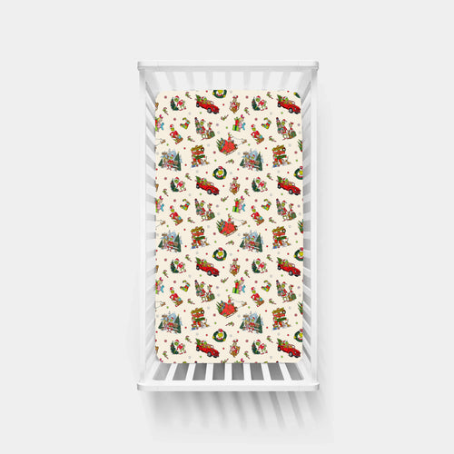 Christmas Green Face Sleigh Gift Ride and Candy Canes Bamboo Fitted Crib Sheet