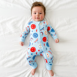4th of July Smiley Faces and Colorful Rainbows Sky Blue Bamboo Zipper Romper Pajamas