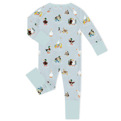 Pondside Duck Parade by the Water Aqua Blue Bamboo Zipper Romper Pajamas
