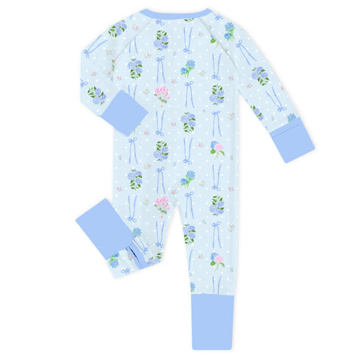 Blue Hydrangea Bows Bamboo Zipper Romper Pajamas