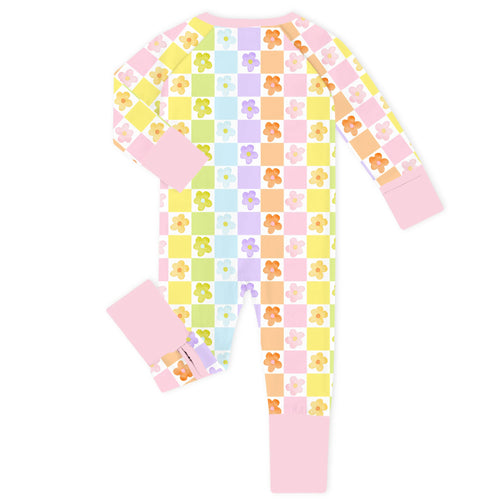 Groovy Daisy Checkerboard Bamboo Zipper Romper Pajamas