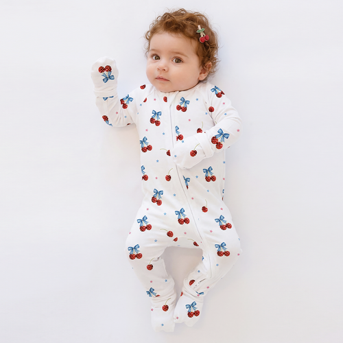 4th of July Cherry Bow Twinkling Stars Bamboo Zipper Romper Pajamas