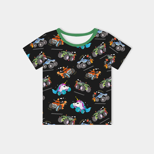 Monster Truck Black Green Kids Bamboo Short Top T-shirt