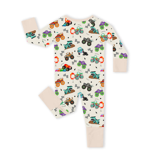 Big Wheels Truck Race Journey on Apricot Bamboo Zipper Romper Pajamas