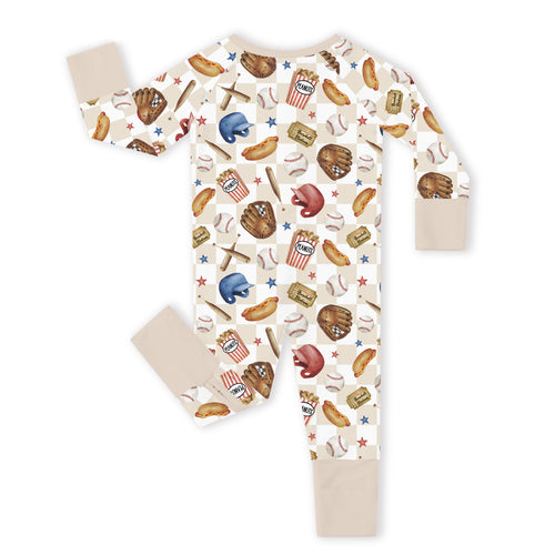 Khaki Plaid Baseball Snack Adventure Bamboo Zipper Romper Pajamas